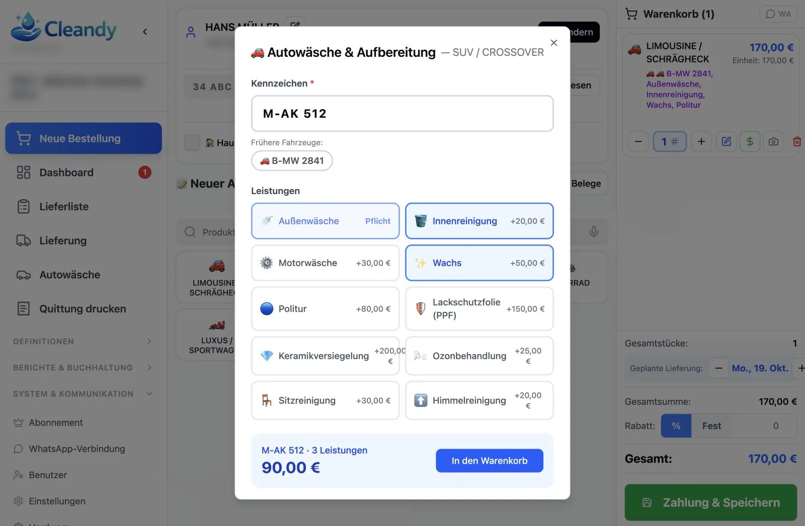 Cleandy Auftragsbildschirm für Autowäsche