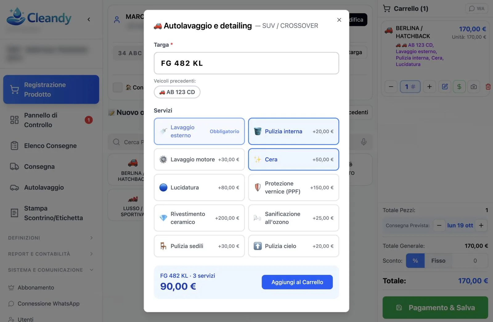 Schermata ordini Cleandy per autolavaggi