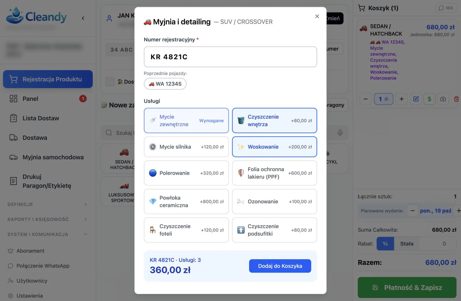 Ekran zleceń Cleandy dla myjni samochodowej