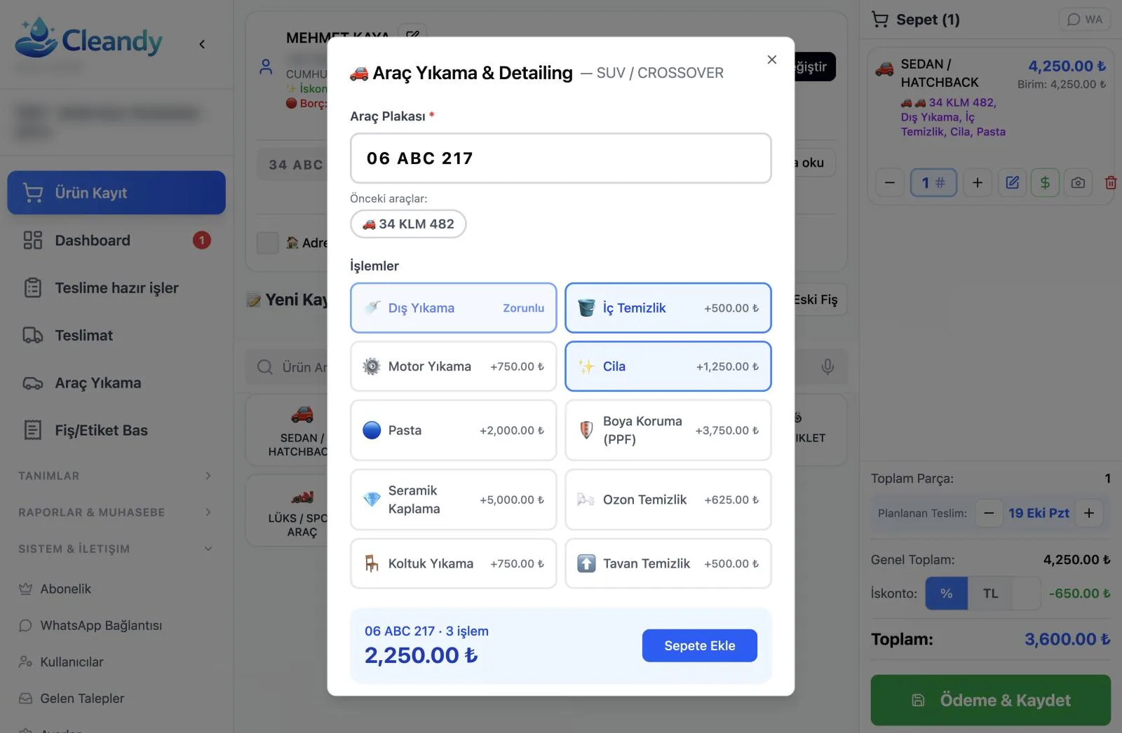 Cleandy oto yıkama sipariş ekranı