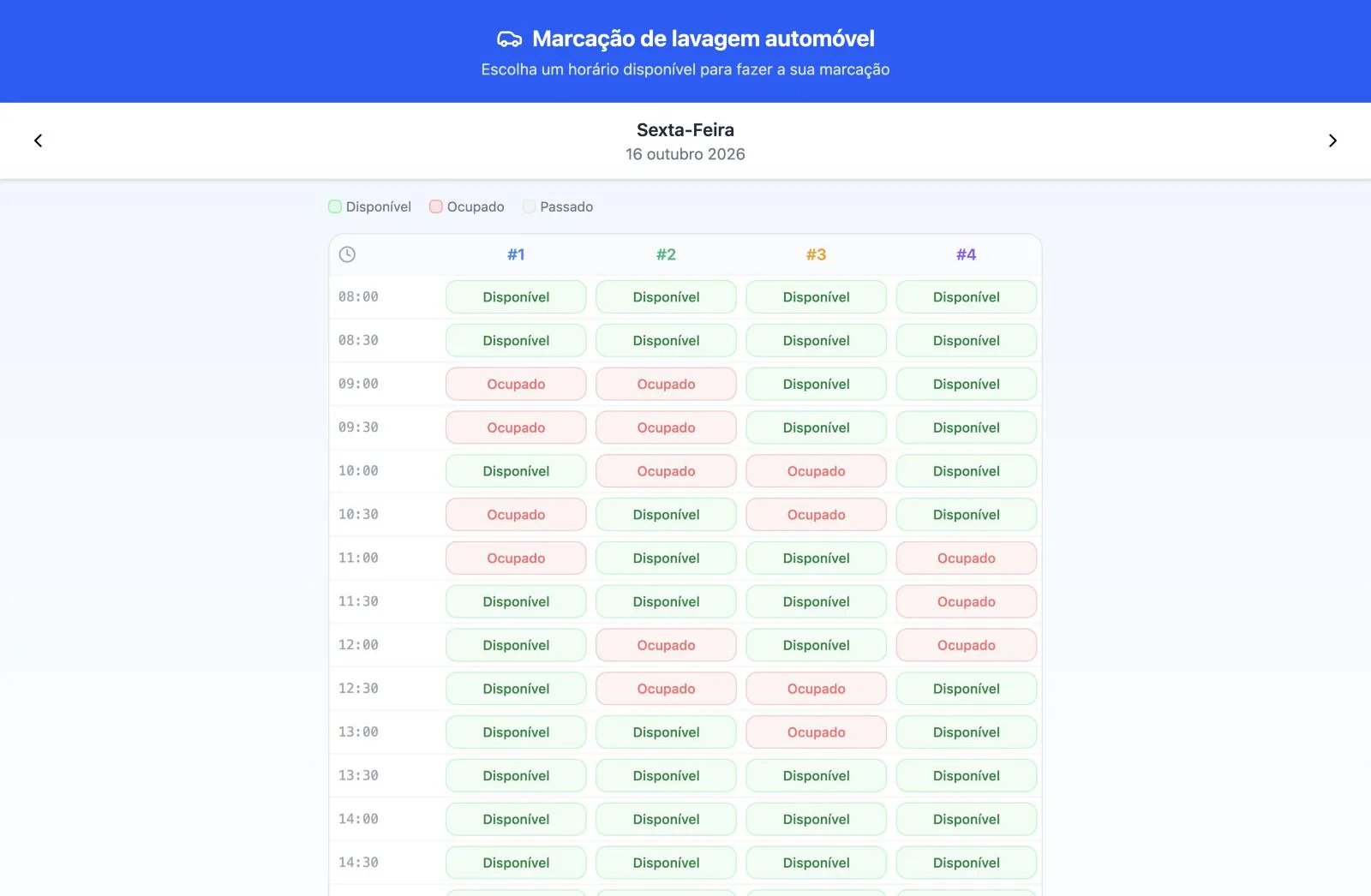 Calendário de marcações online para lavagem auto