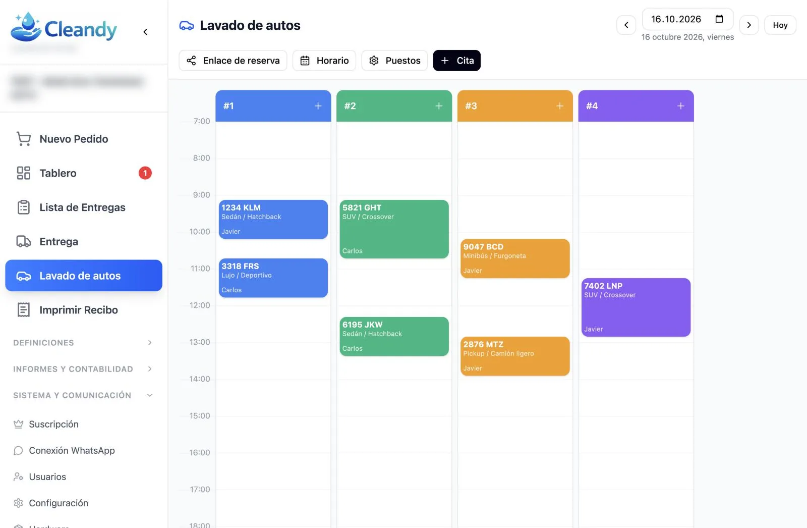 Calendario de citas por empleado de Cleandy