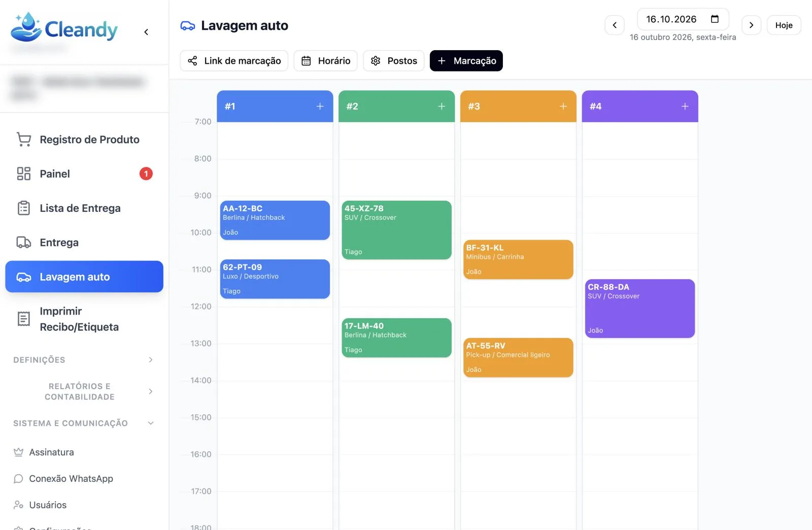 Calendário de marcações por funcionário do Cleandy