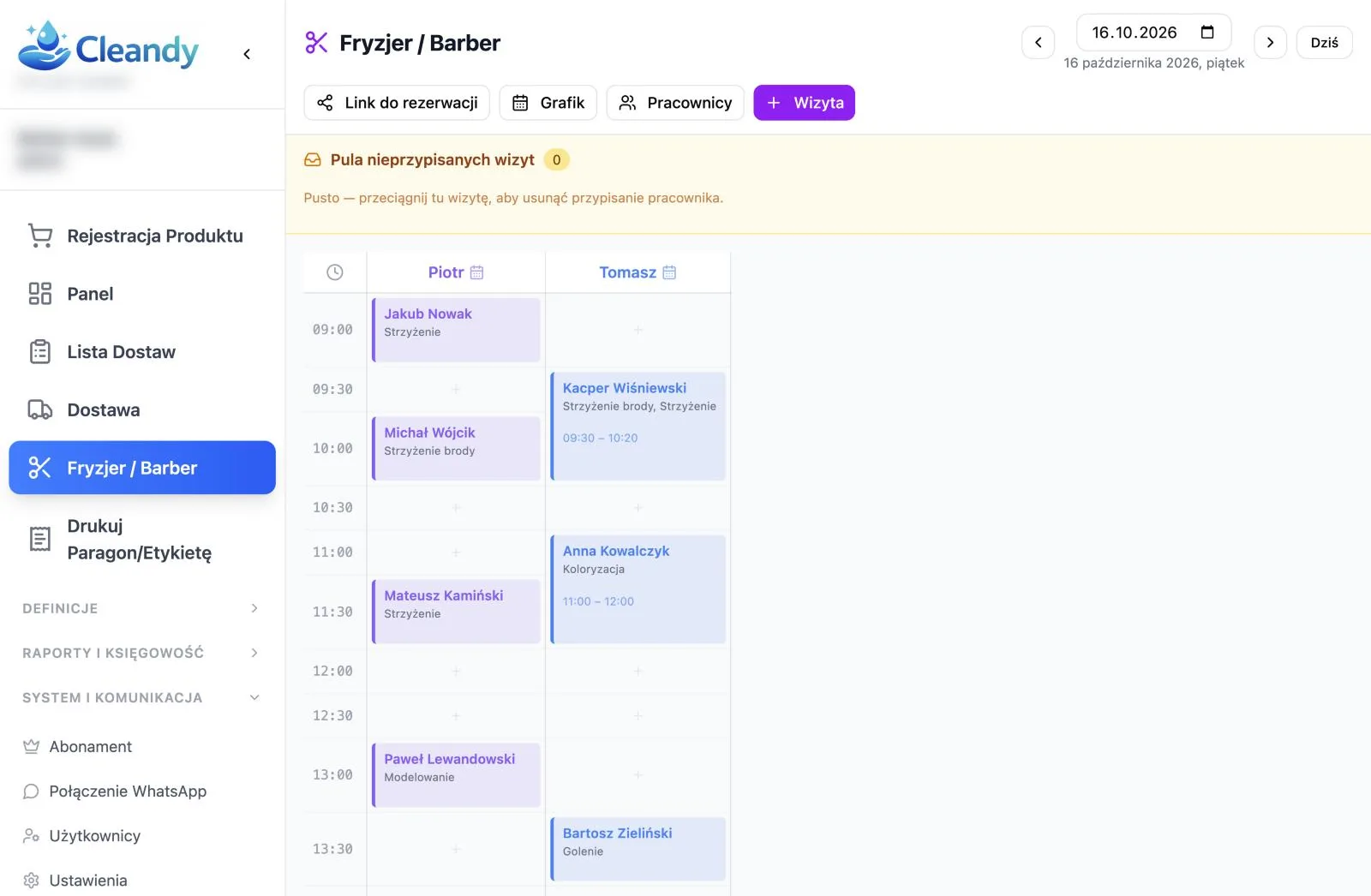 Kalendarz wizyt Cleandy według pracowników