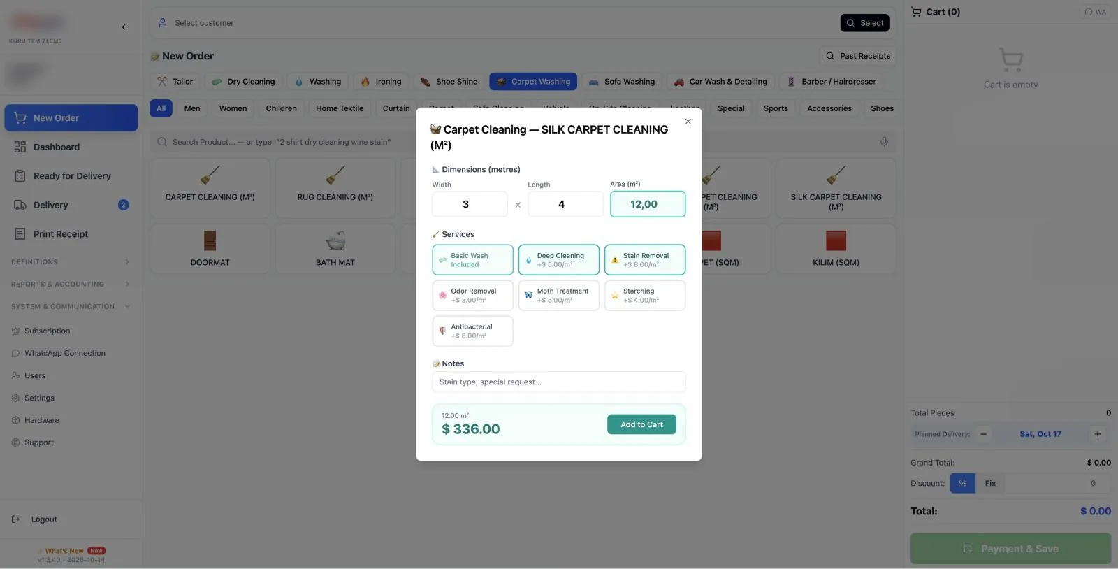 Layar pesanan software cuci karpet Cleandy — hitung m², pilih layanan