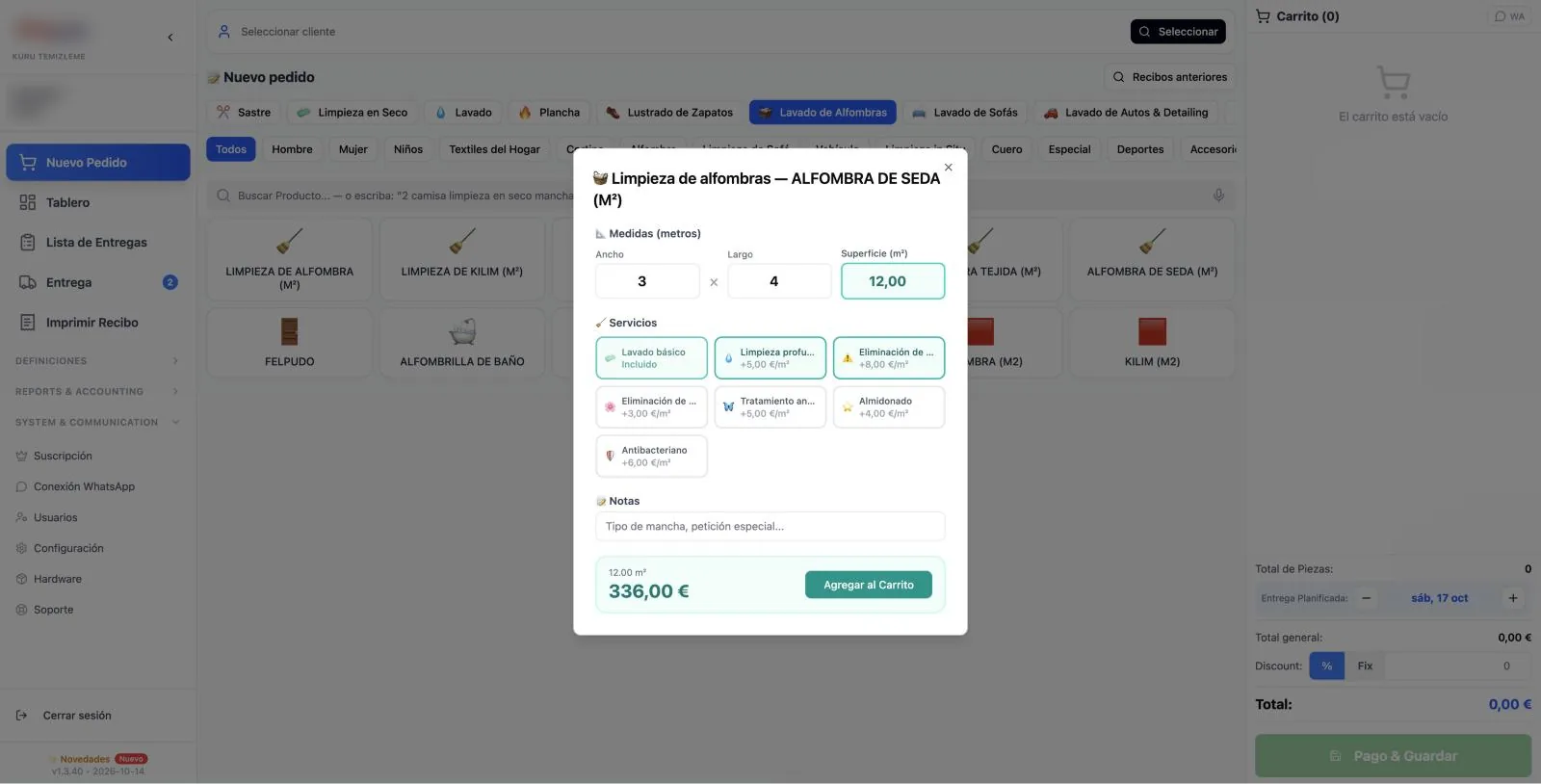 Pantalla de pedidos del software de lavado de alfombras Cleandy: cálculo por m², selección de servicios