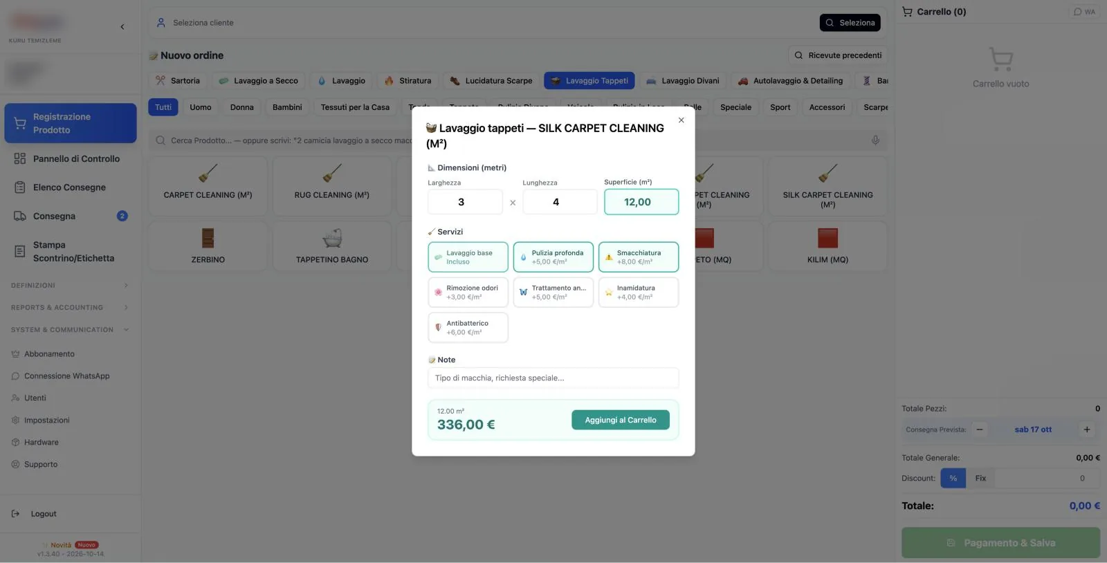 Schermata ordini del software Cleandy per lavaggio tappeti: calcolo al m², selezione servizi