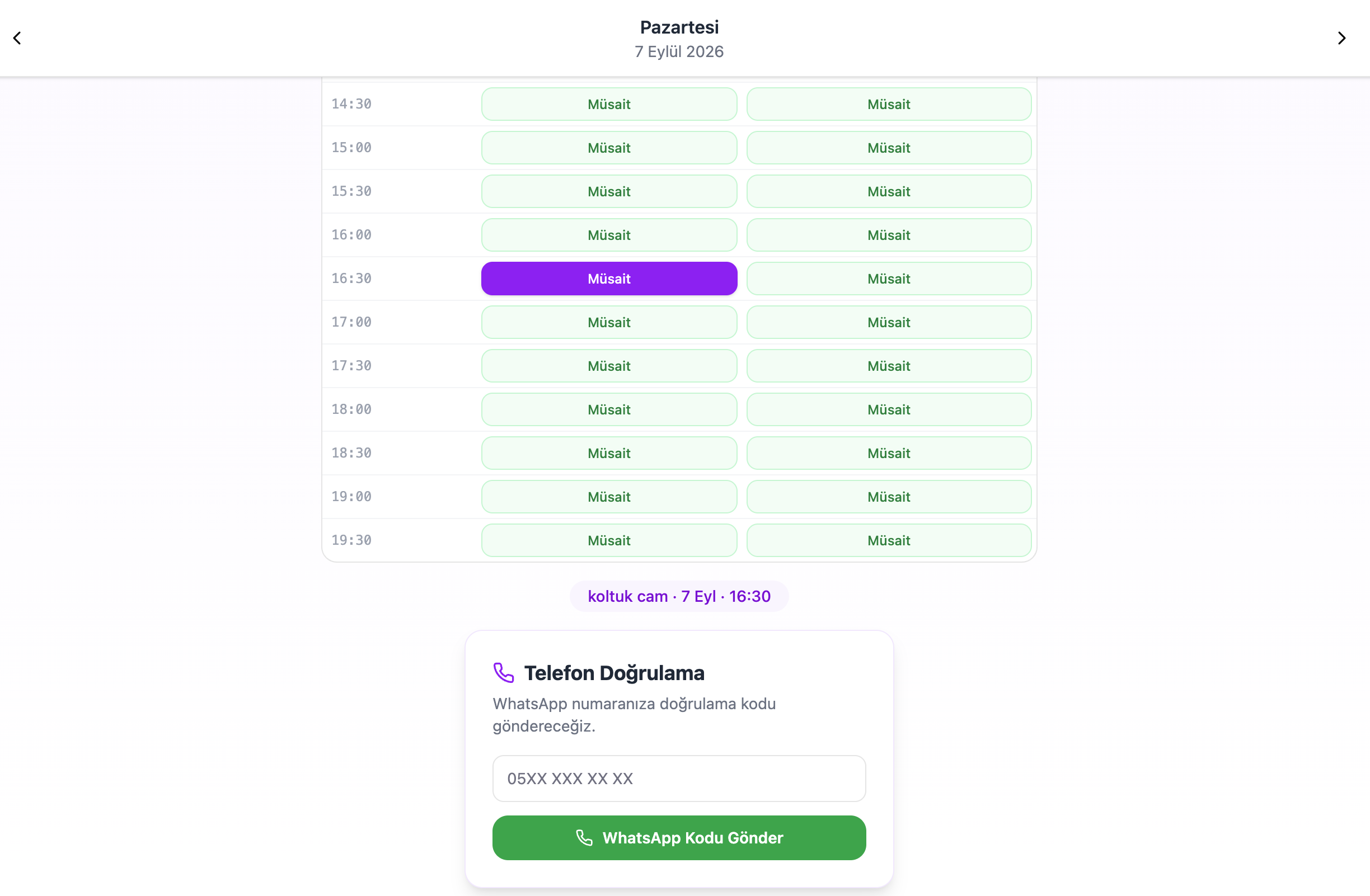Customer appointment booking screen