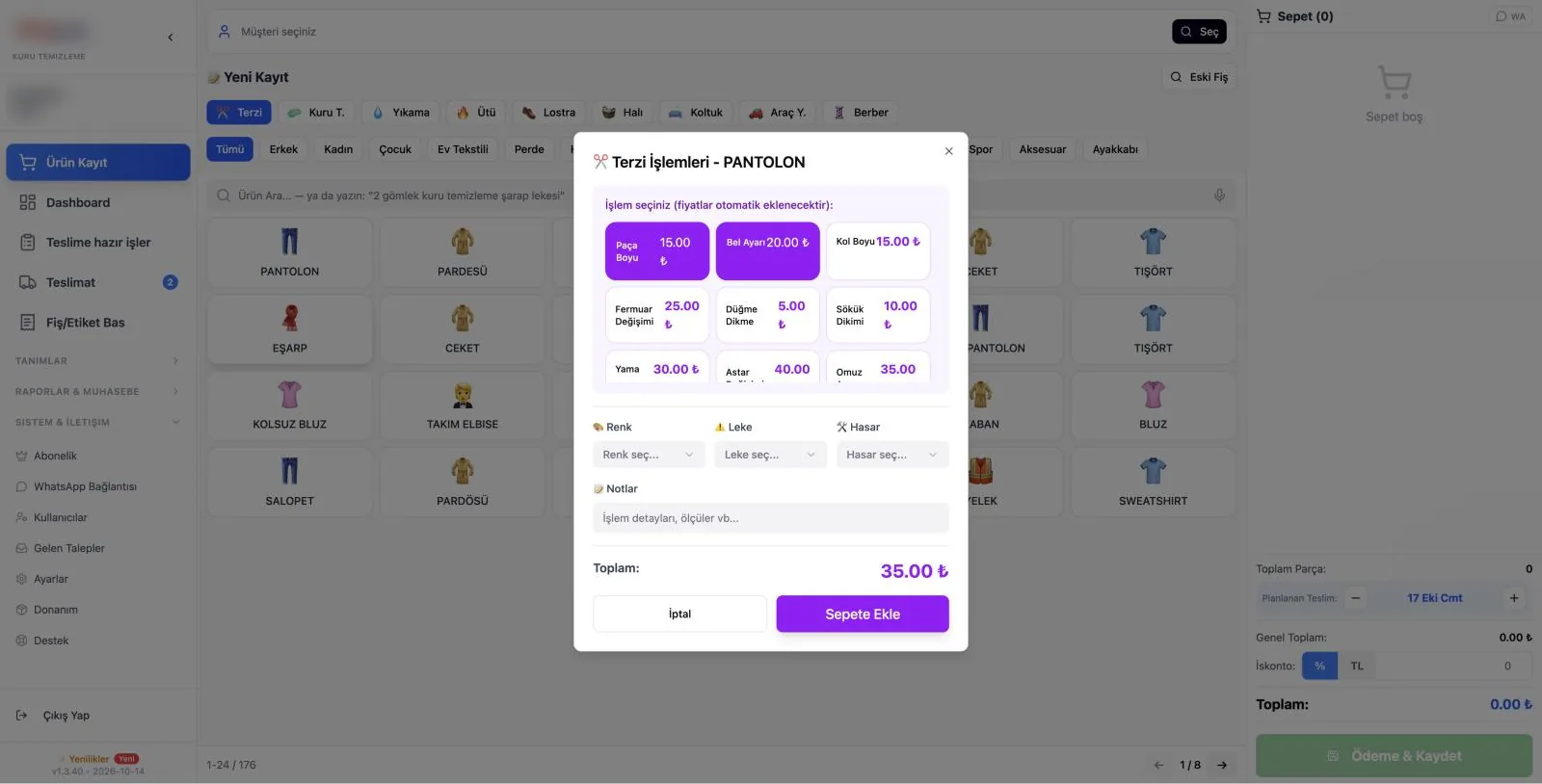 Cleandy terzi programı sipariş ekranı